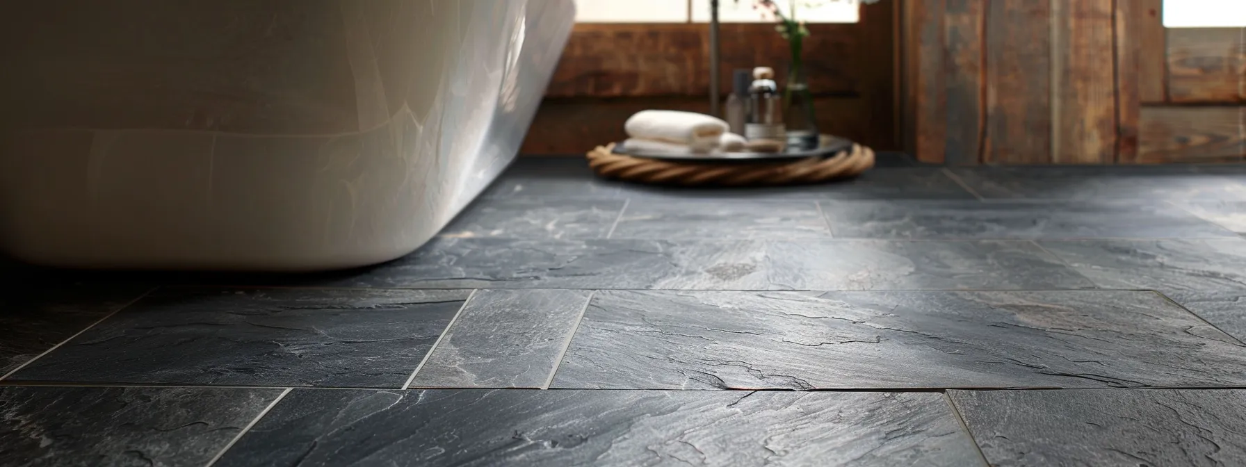 a bathroom with stylish vinyl flooring that resembles slate, showcasing a cost-effective renovation option for homeowners.