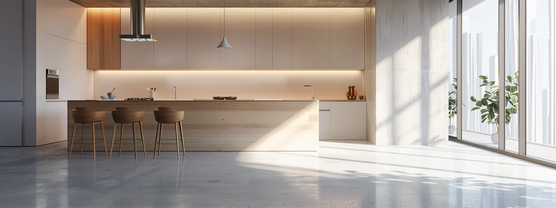 a modern kitchen with sleek concrete flooring and a minimalist design aesthetic.