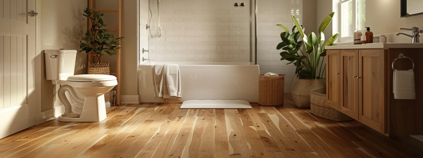 a newly resurfaced bathroom with modern grab bars and elegant finishes that complement existing hardwood flooring, adding value to the home.