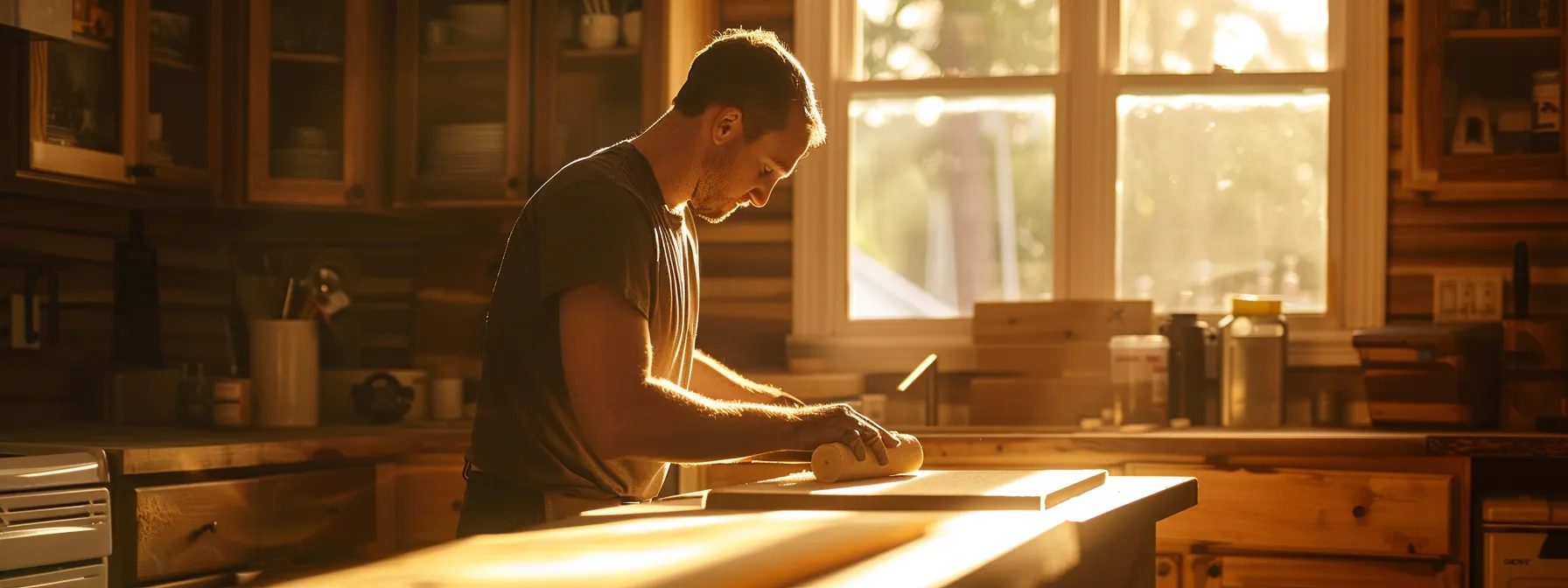 a carpenter using sandpaper to refinish kitchen cabinets.