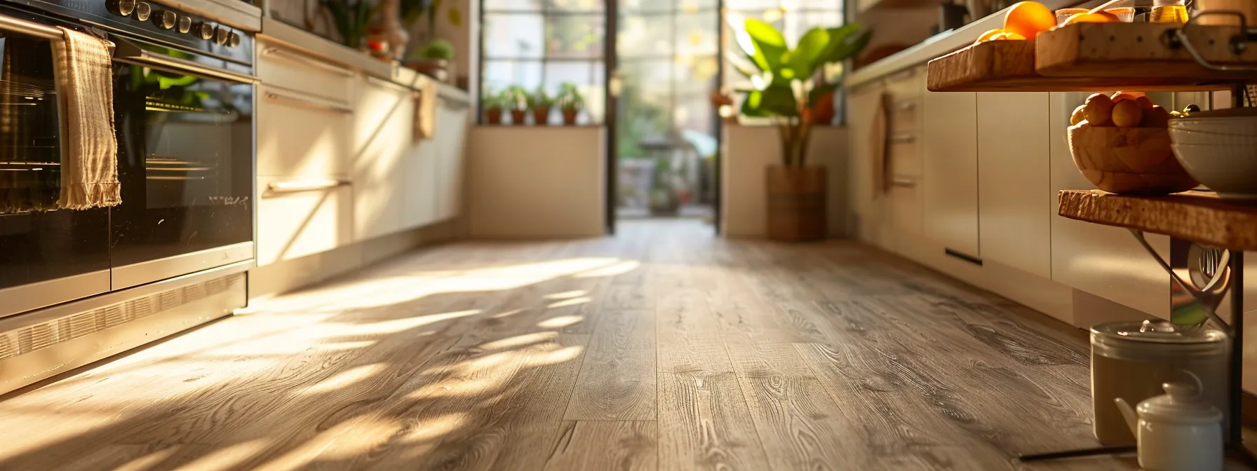a modern kitchen with vinyl flooring that looks like oak, showcasing durability and versatility.