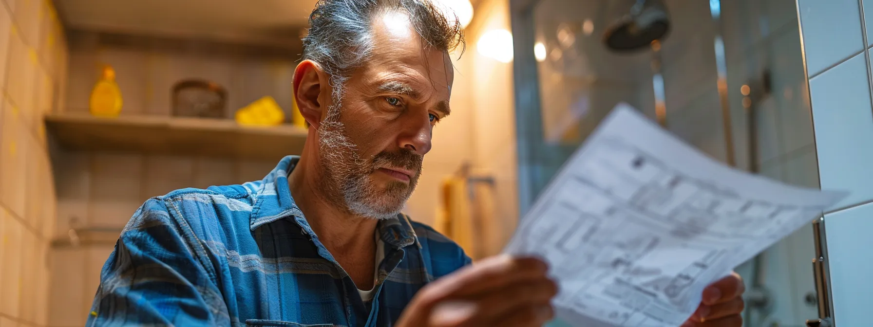 a homeowner comparing two contractors' estimates for a bathroom renovation project, carefully examining the details and costs of materials like tiles and fixtures.