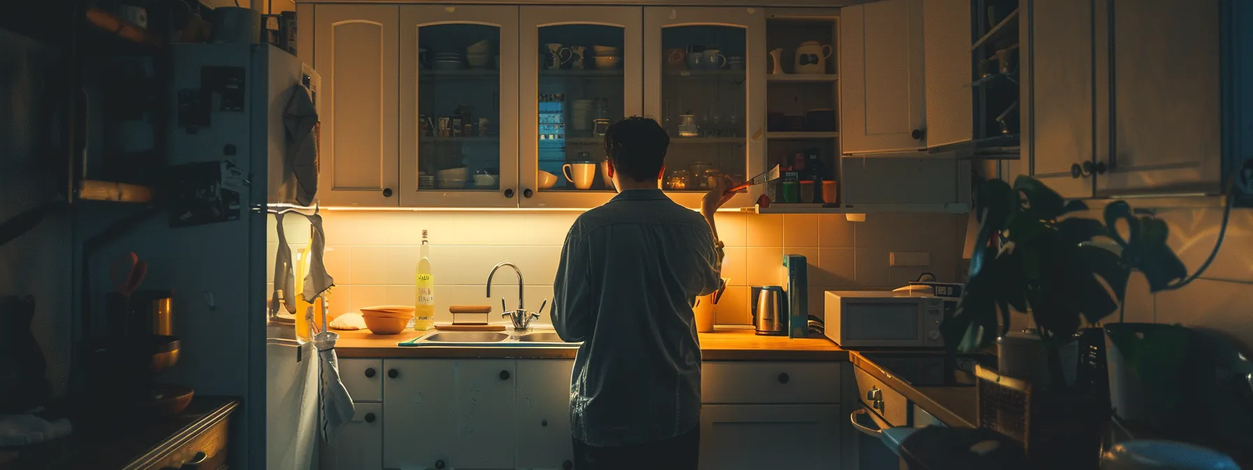 a person painting their kitchen cabinets with focus and determination.