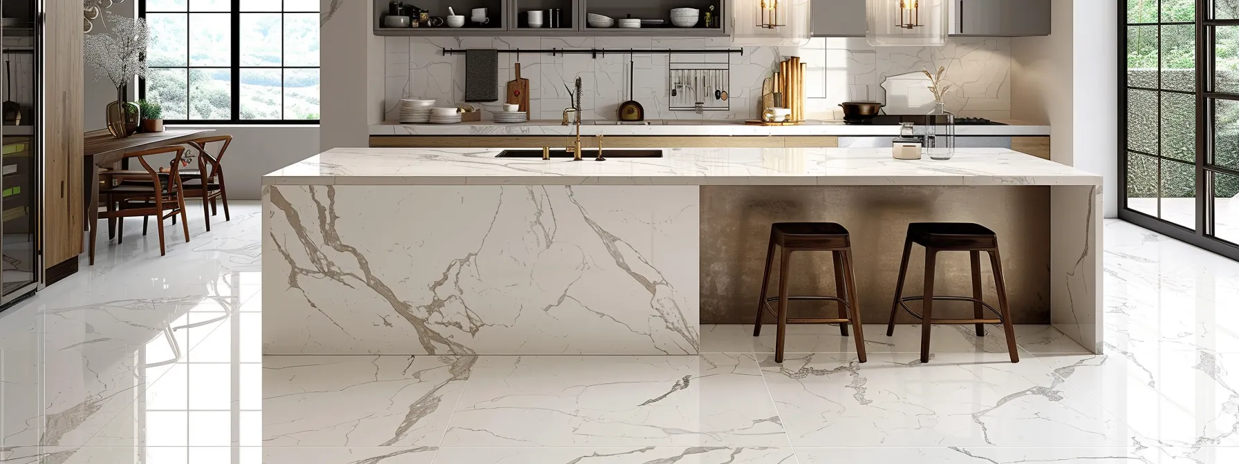 a stylish kitchen with elegant marble-like laminate flooring, offering significant savings for homeowners.