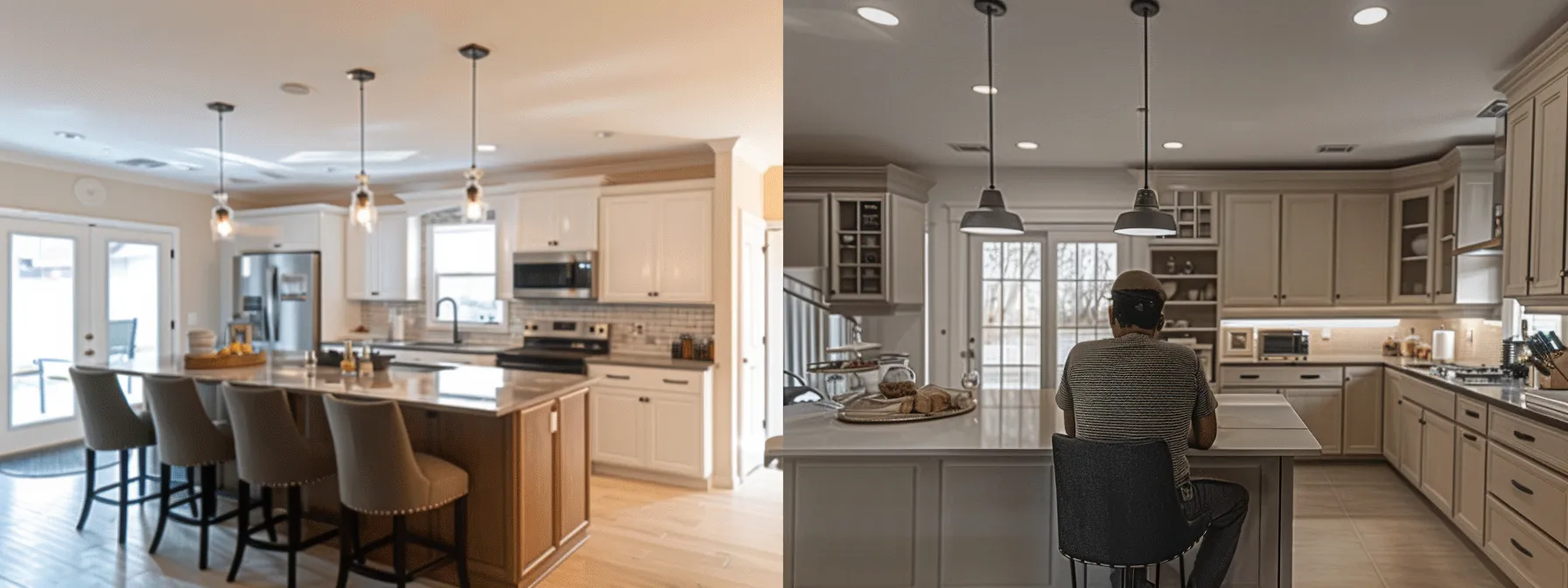 a homeowner examining before and after photos of a contractor's previous kitchen renovation projects.