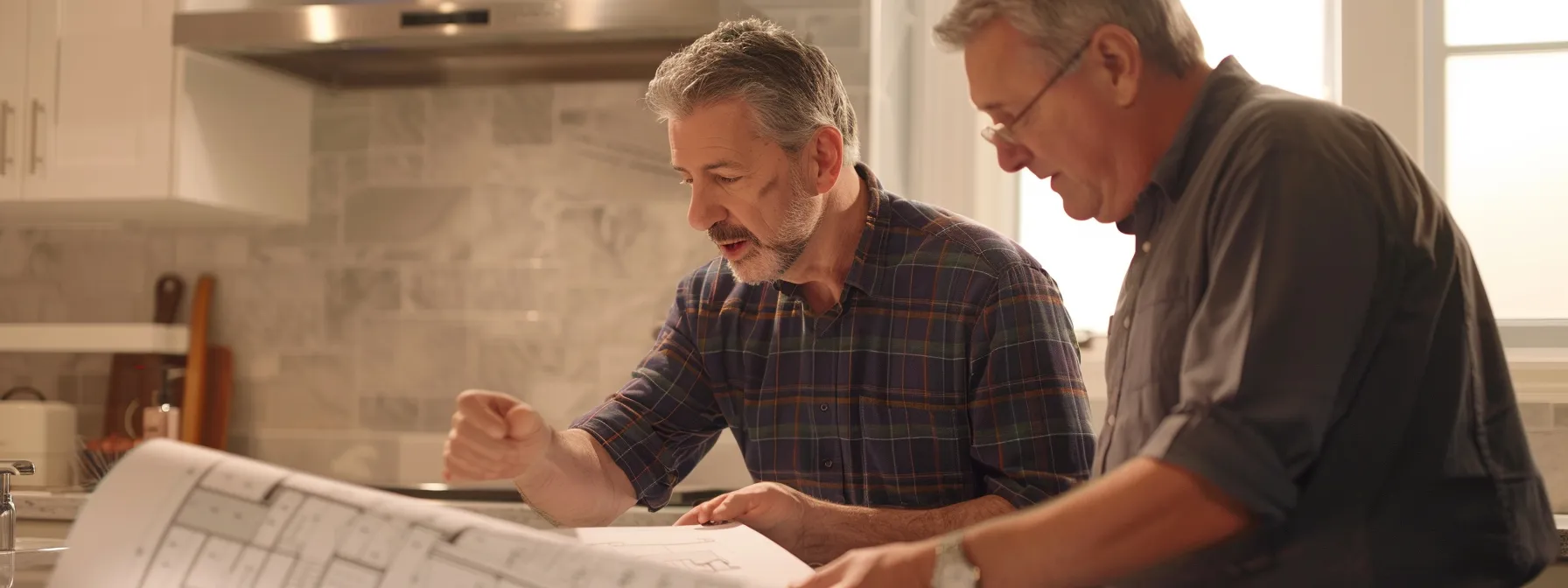 a contractor studying a detailed floor plan and discussing with a customer during a bathroom remodel planning session.