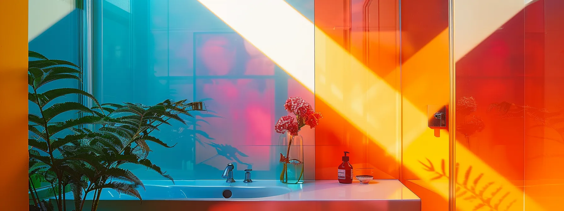 a bathroom with vibrant wildflower colors, steel fixtures, and bright accents, creating a modern and inviting space.