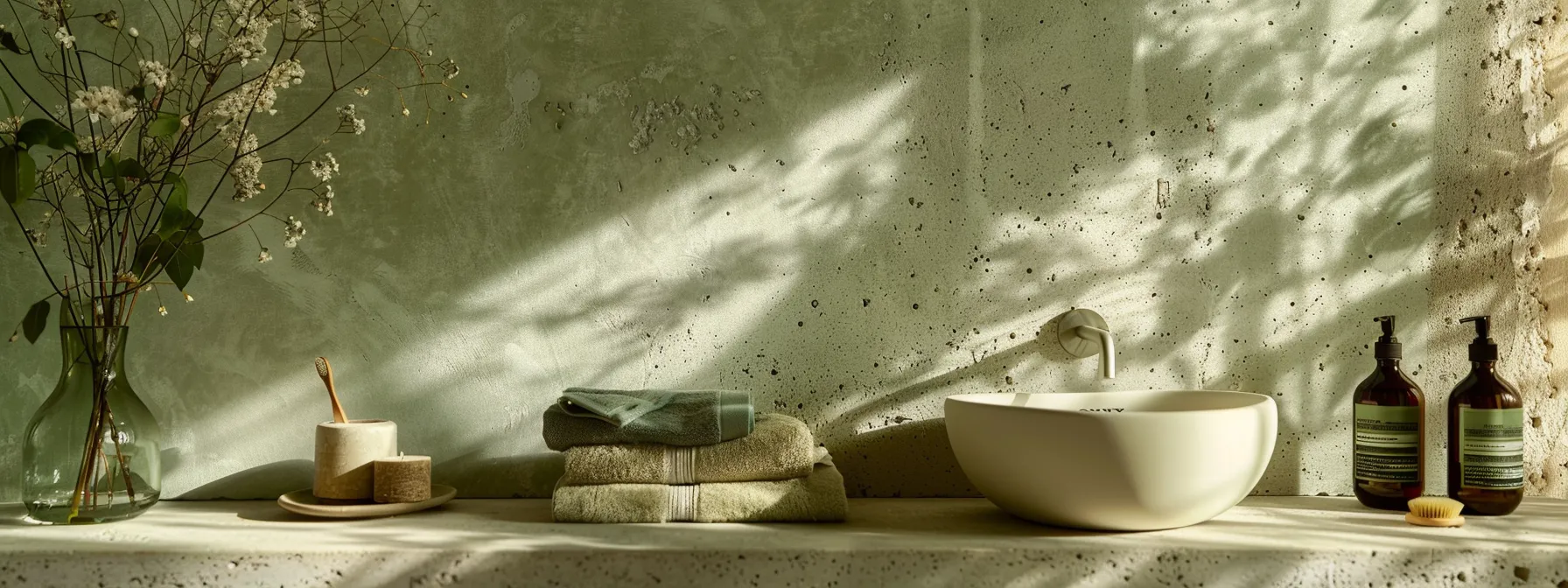 a serene bathroom with green-gray and neutral tones, featuring natural textures like wood and stone.