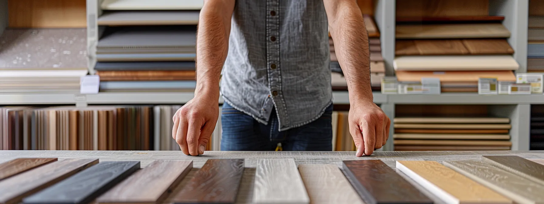 a person comparing prices for cabinet refinishing and resurfacing with various samples and samples displayed in front of them.