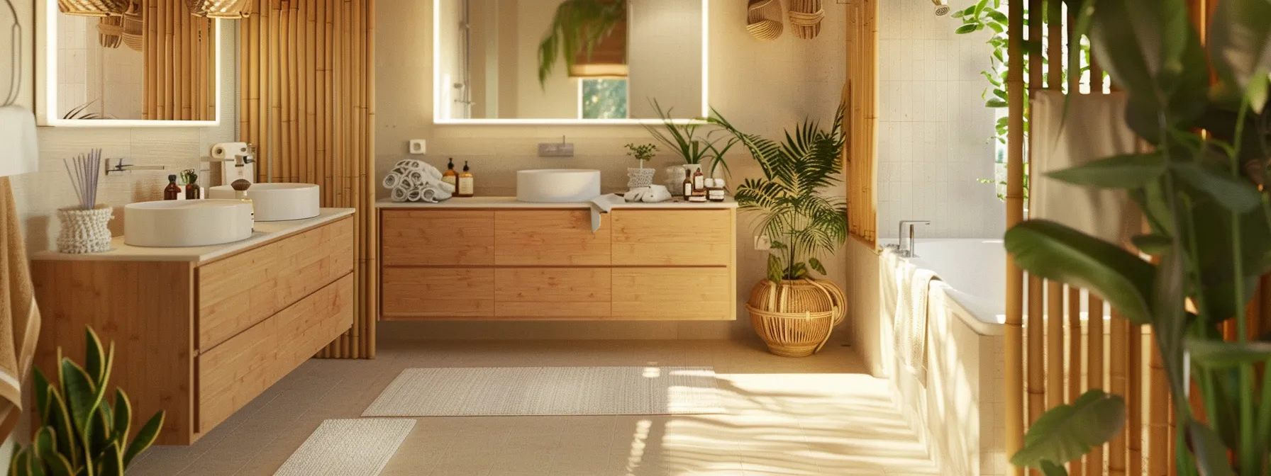 a bathroom featuring sleek bamboo cabinets and vanities, with linoleum surfaces and organic cotton textiles for a sustainable and stylish design.