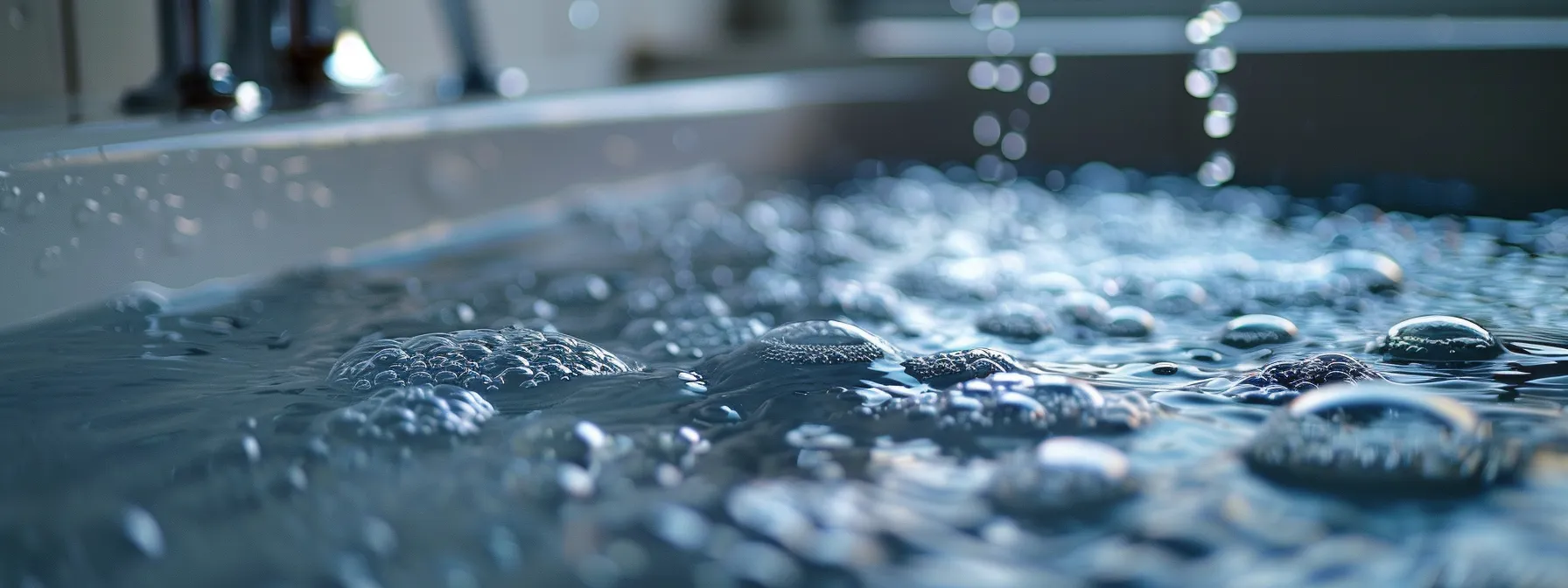 water droplets scatter on the resurfaced bathtub, showing signs of frequent use.