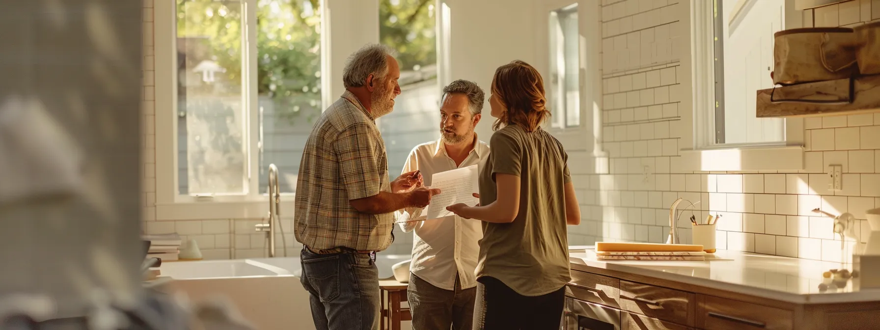 a couple discussing bathroom remodeling plans with a contractor.