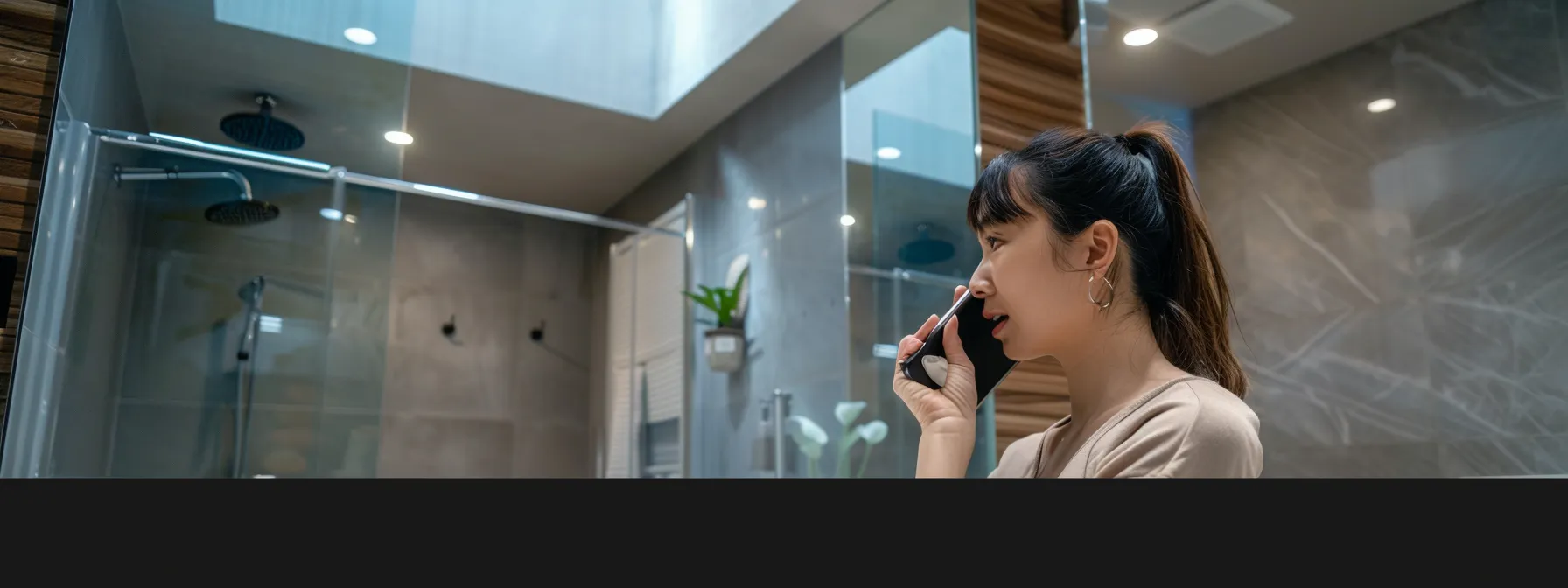 a customer talking on the phone with a bathroom remodeling specialist.