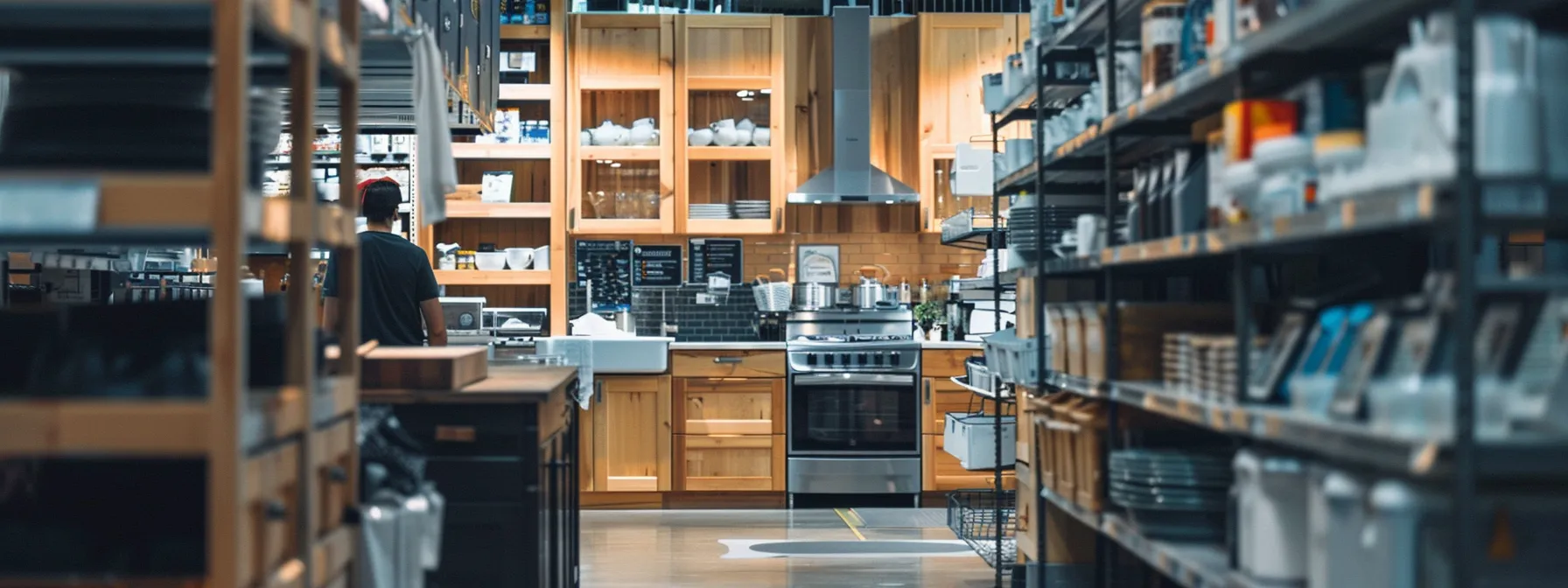 a person carefully comparing prices of different kitchen cabinet options at a home improvement store.