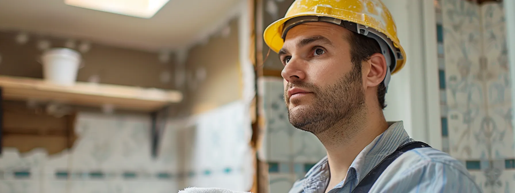 a contractor carefully inspecting a beautifully finished bathroom remodel project.