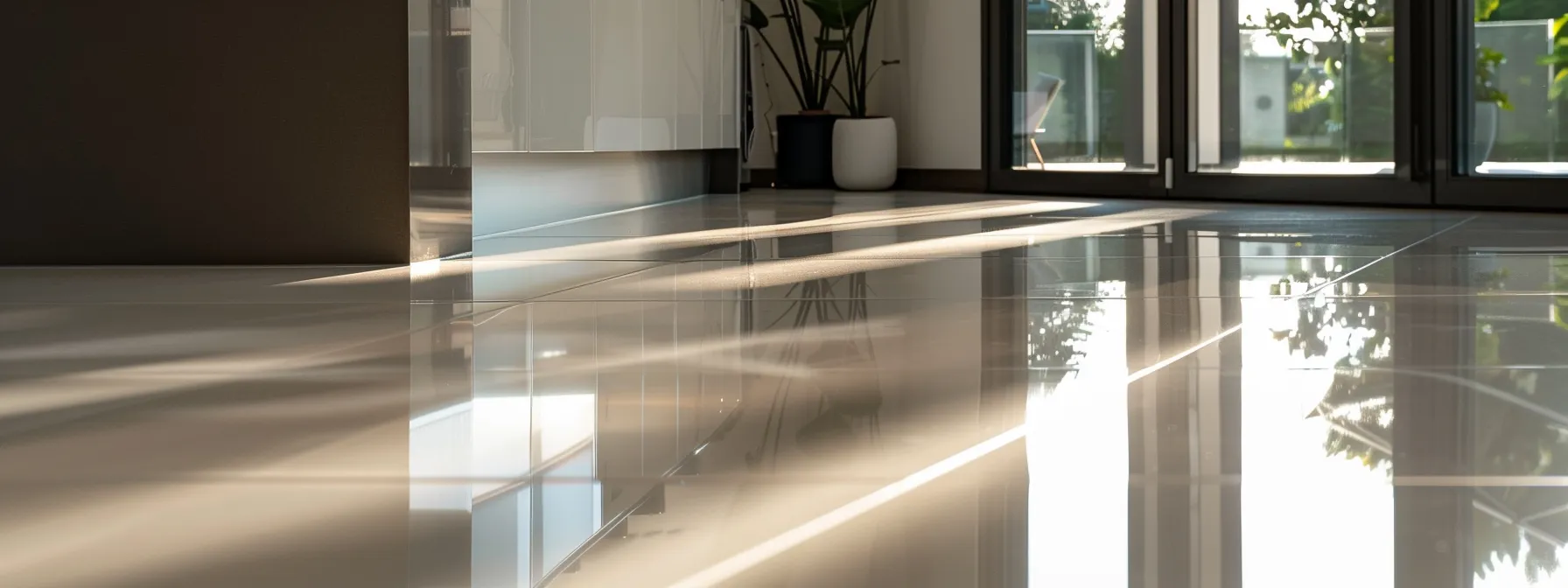 a sleek and modern kitchen with elegant porcelain tile flooring in a neutral color palette.