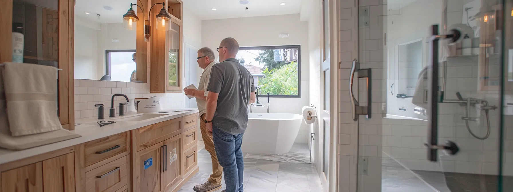 a homeowner examining a completed bathroom renovation with a contractor during a site visit.