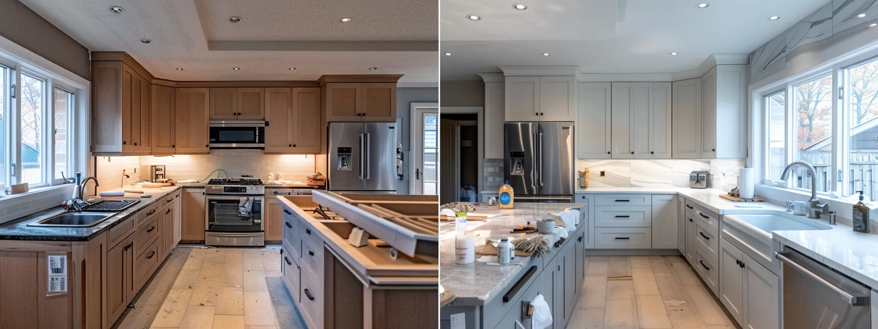 a kitchen with cabinets of different materials and sizes being refaced by workers.