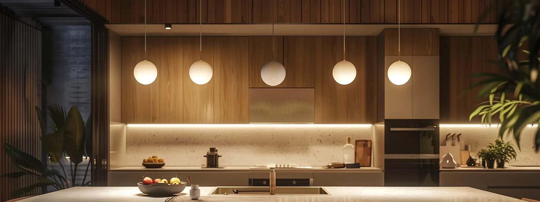 bright led pendant lights illuminating a modern kitchen island.