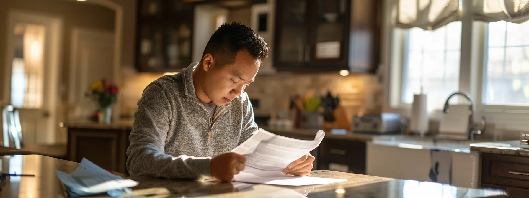 a homeowner carefully reviewing a contract with a kitchen contractor.