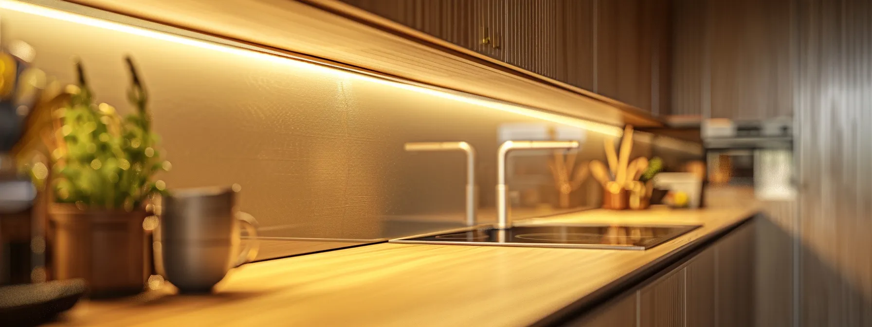 a sleek metal handle contrasts with the warm tones of the cupboards, adding a modern touch to the kitchen design.