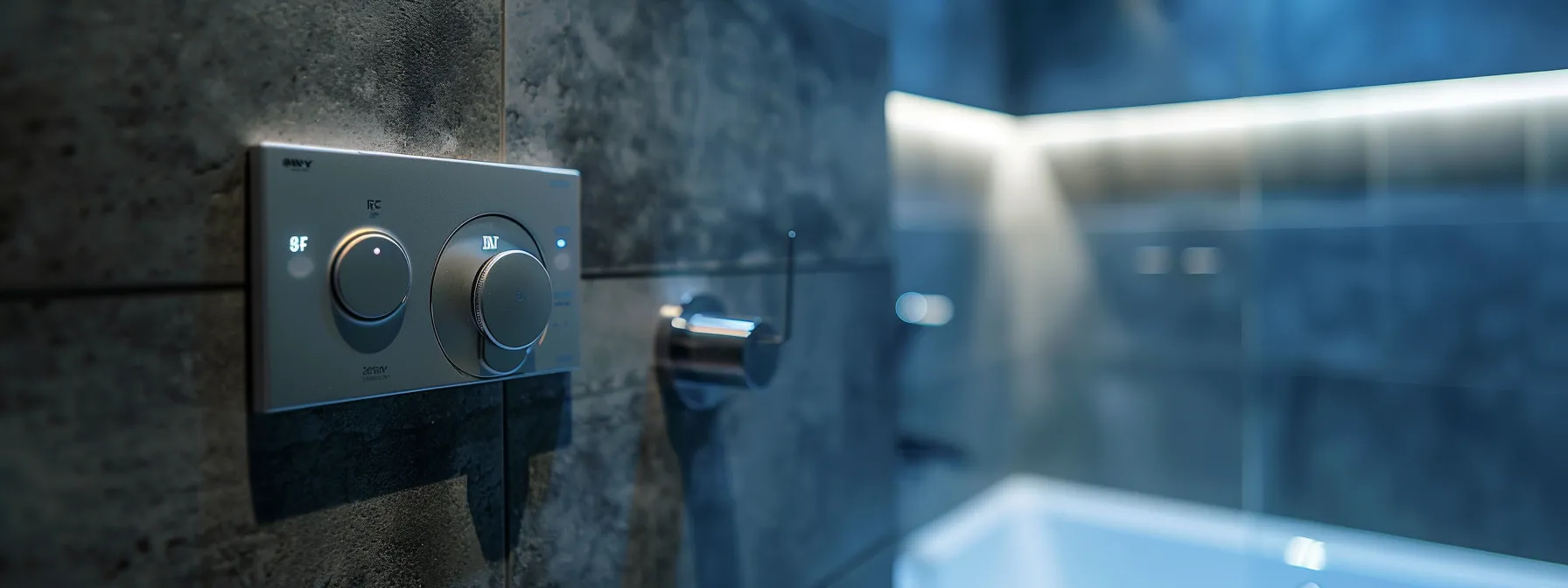 adjusting thermostat settings on a sleek bathroom wall panel.