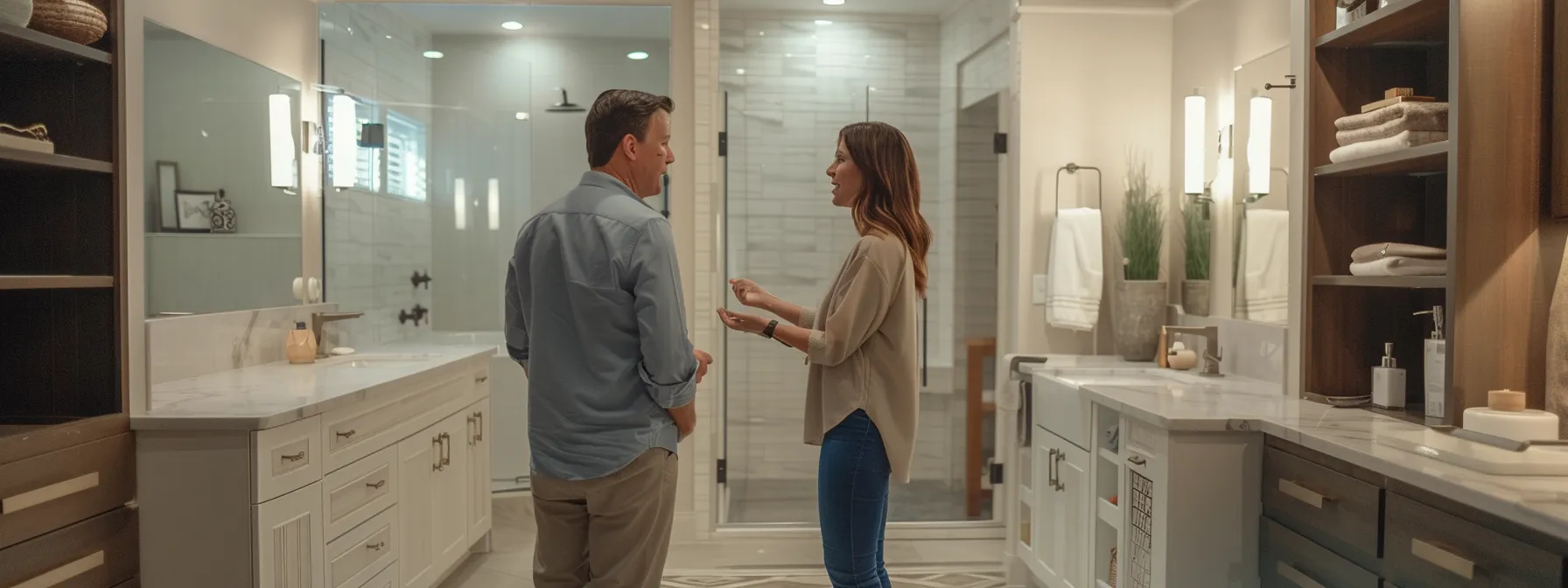 a couple discussing design ideas with a bathroom remodeling expert.