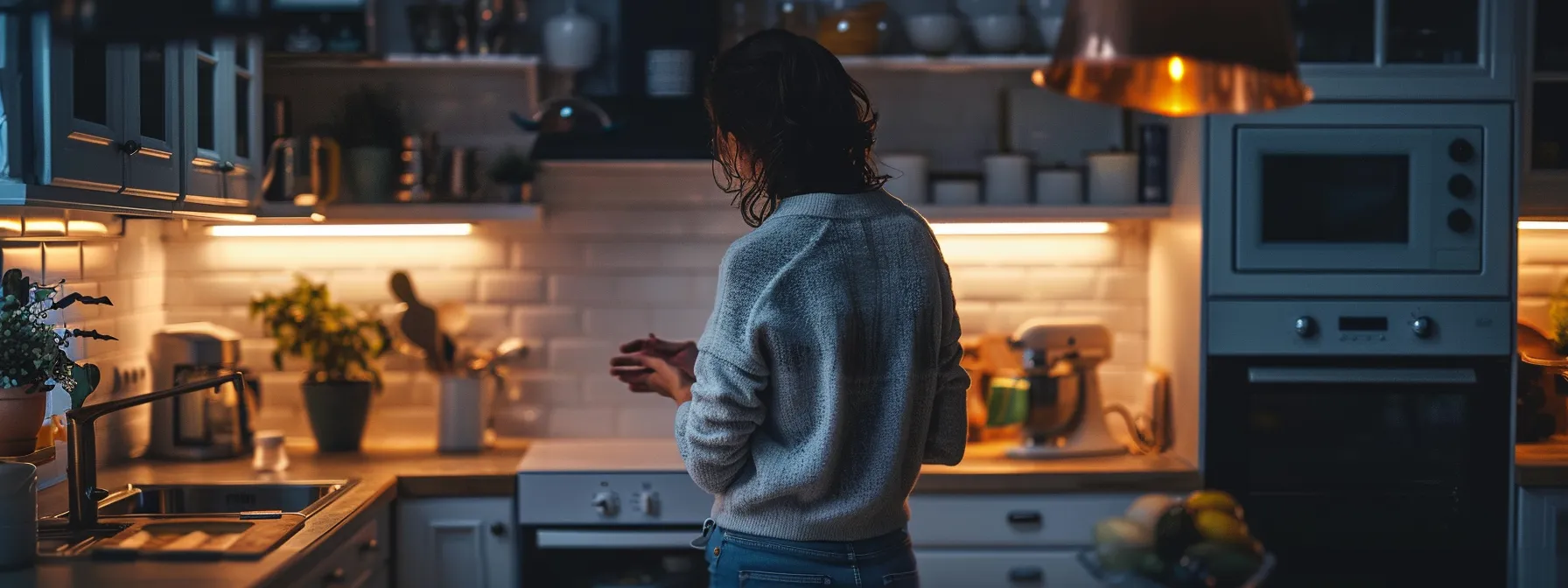 a person carefully examining kitchen cabinets while talking to a refinishing company representative.