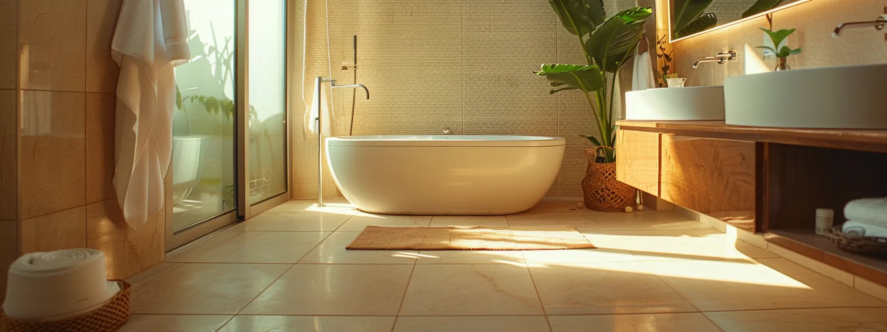 a cozy bathroom with heated floors showcasing elegant porcelain tiles.
