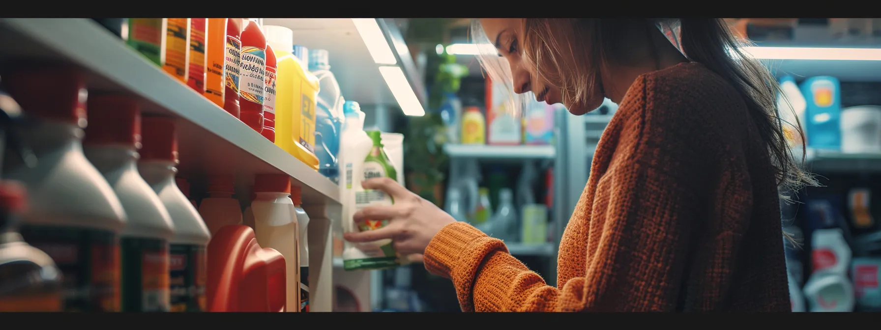 a person carefully examining the labels on various cleaning products in a kitchen.