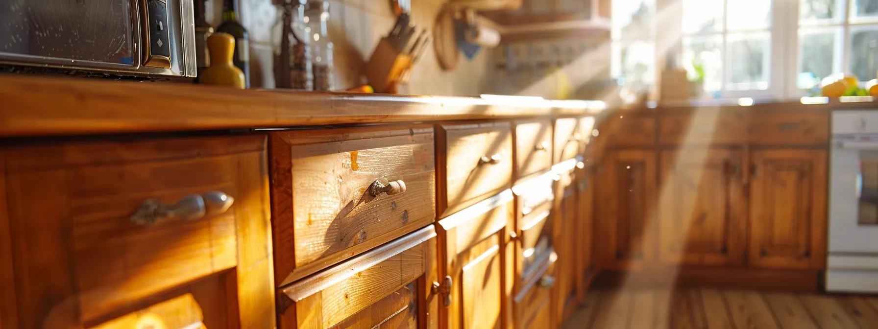 a kitchen cabinet being refinished with a rich, glossy wood varnish, highlighting its natural beauty.