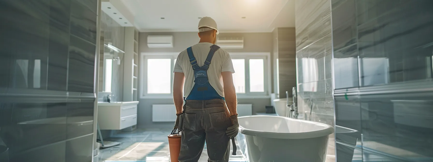 a plumber inspecting a clean and well-maintained bathroom.