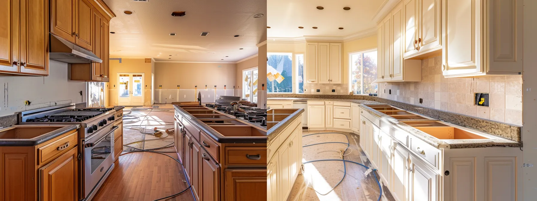 a kitchen being quickly updated with cabinet refinishing, allowing for minimal disruption and maximum functionality.