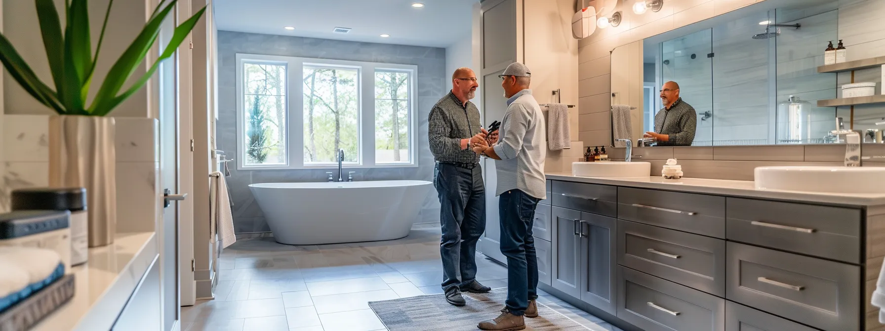 a bathroom remodel contractor discussing plans with a client in a modern, well-designed bathroom.