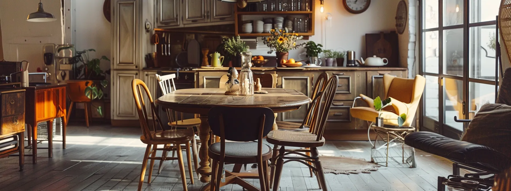 a eclectic mix of vintage dining chairs surrounding a rustic wooden table in a kitchen.