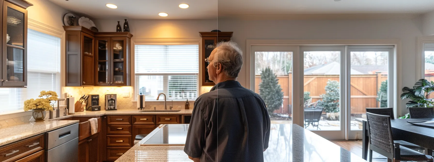 a homeowner browsing through before and after photos of kitchen resurfacing projects done by different companies.