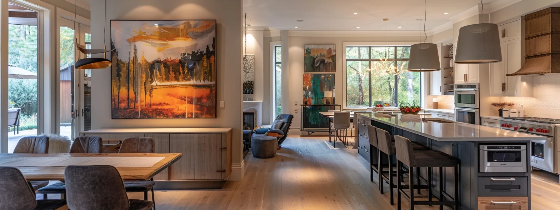 a beautifully decorated kitchen with stylish art and decor that adds warmth and personality to the space.