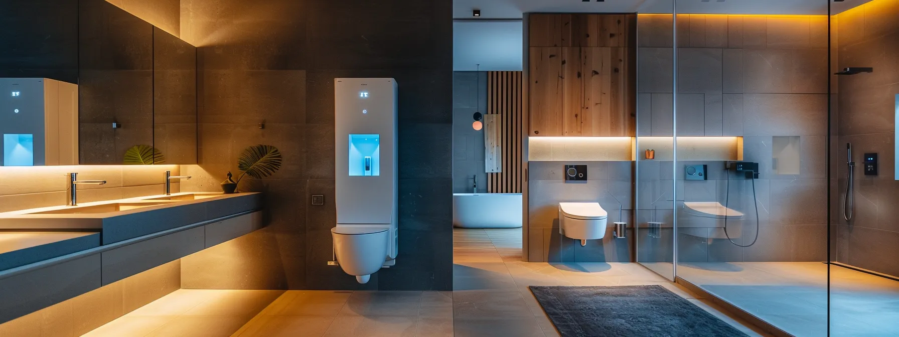 a modern bathroom with sleek, energy-efficient water heaters, an upgraded exhaust fan, and eco-friendly lighting.