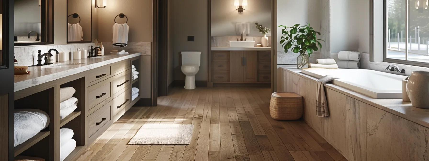 a bathroom with elegant wood flooring, luxurious granite countertops, and stylish sconces, showcasing a thoughtful linen storage solution.