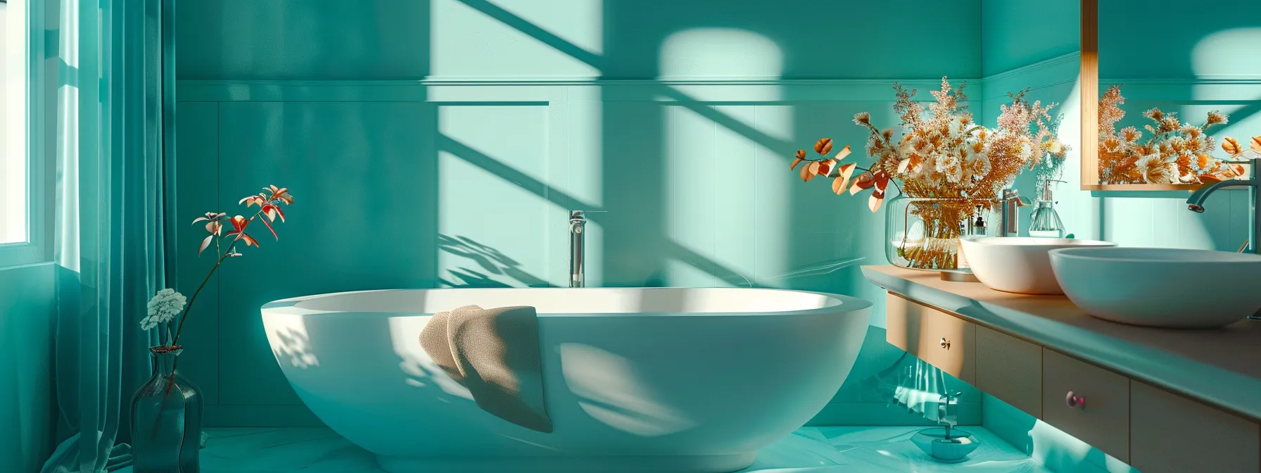 a serene bathroom painted in trending colors for 2024.