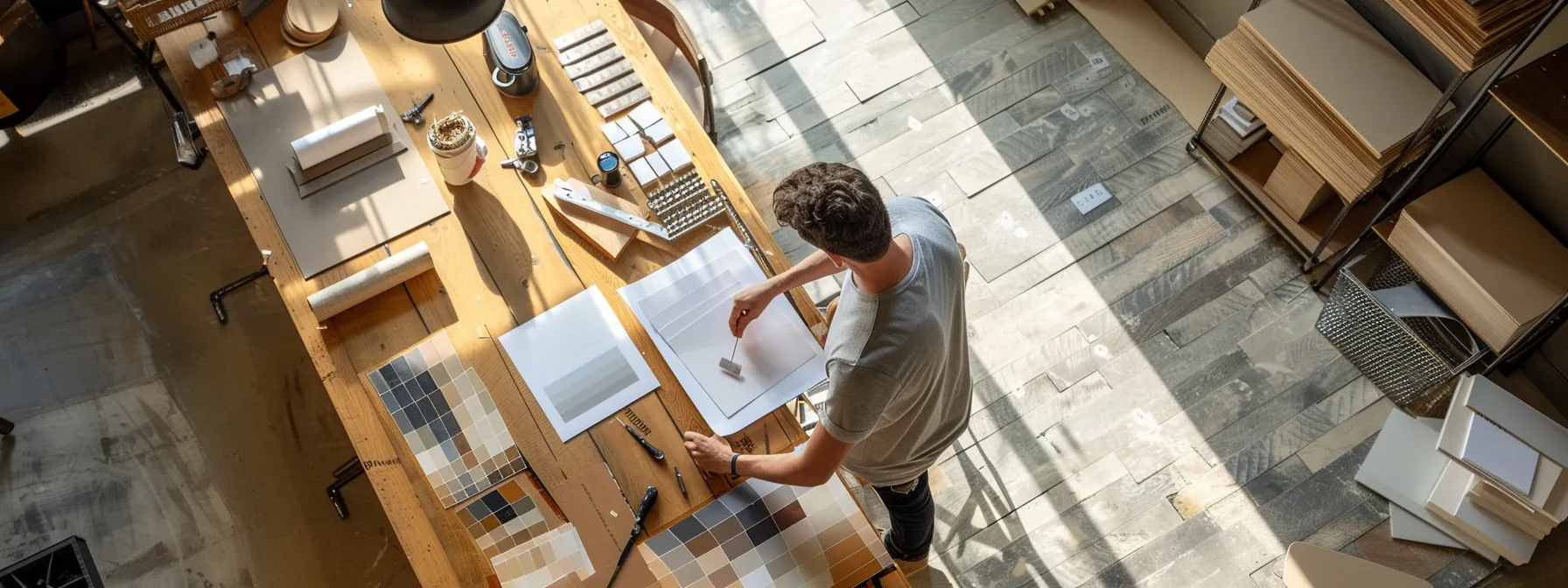 a contractor examining different flooring samples and plumbing fixtures in a renovated space.