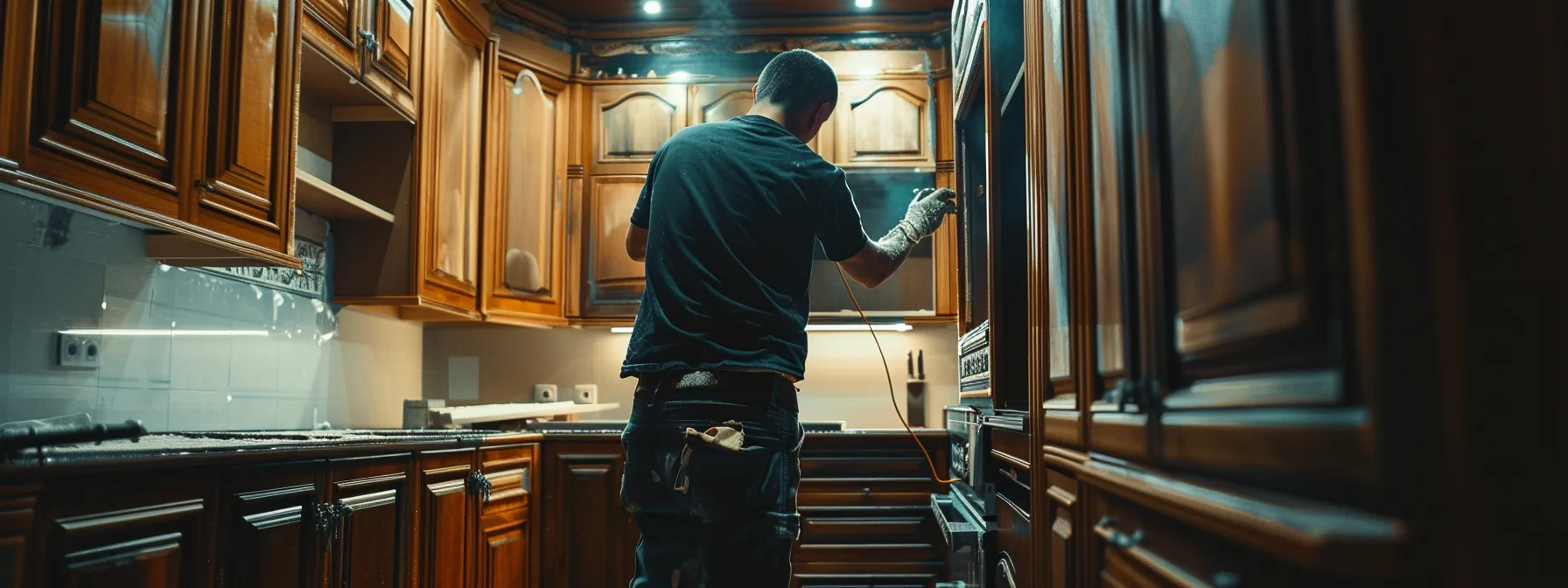 a professional cabinet refinishing expert carefully applying a high-quality finish to kitchen cabinets.