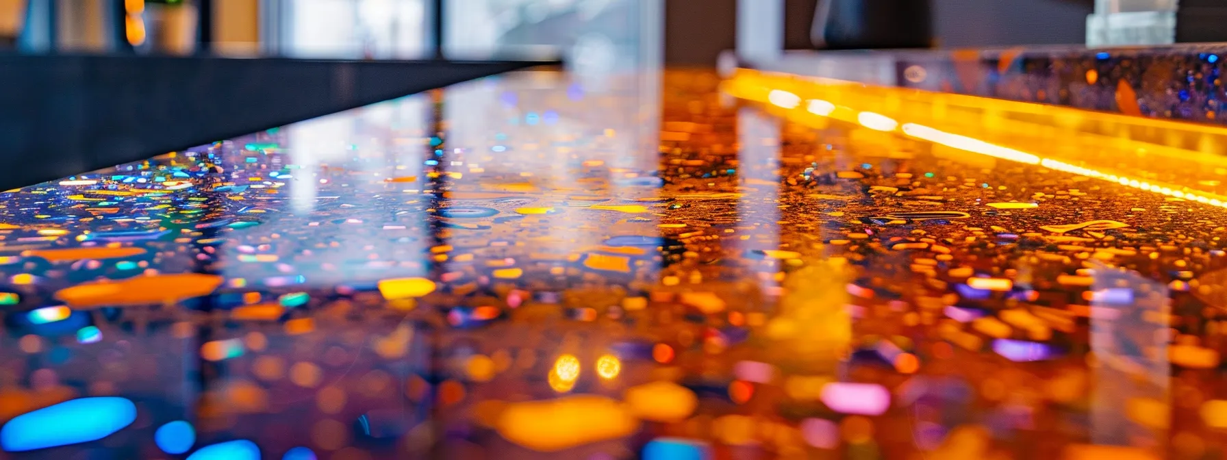 a high-gloss polyester-coated countertop showcasing striking colors and patterns.