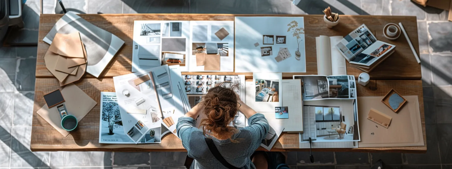 a person sitting at a table surrounded by home renovation magazines and design sketches, with samples of different materials and finishes spread out in front of them.