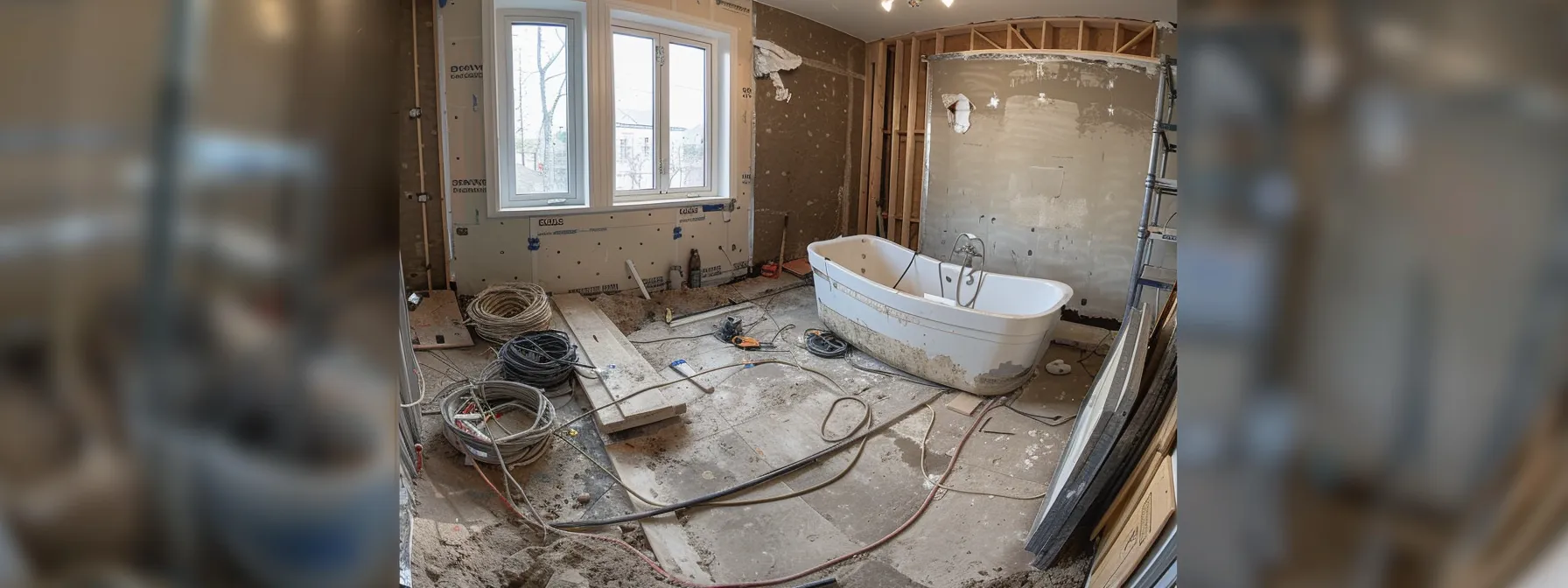 a bathroom renovation in progress with plumbing and electrical work being done.