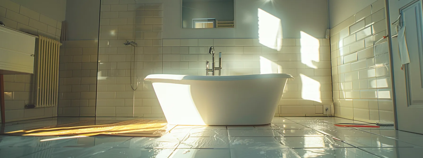 a bathtub being refinished in a bright, modern bathroom setting.