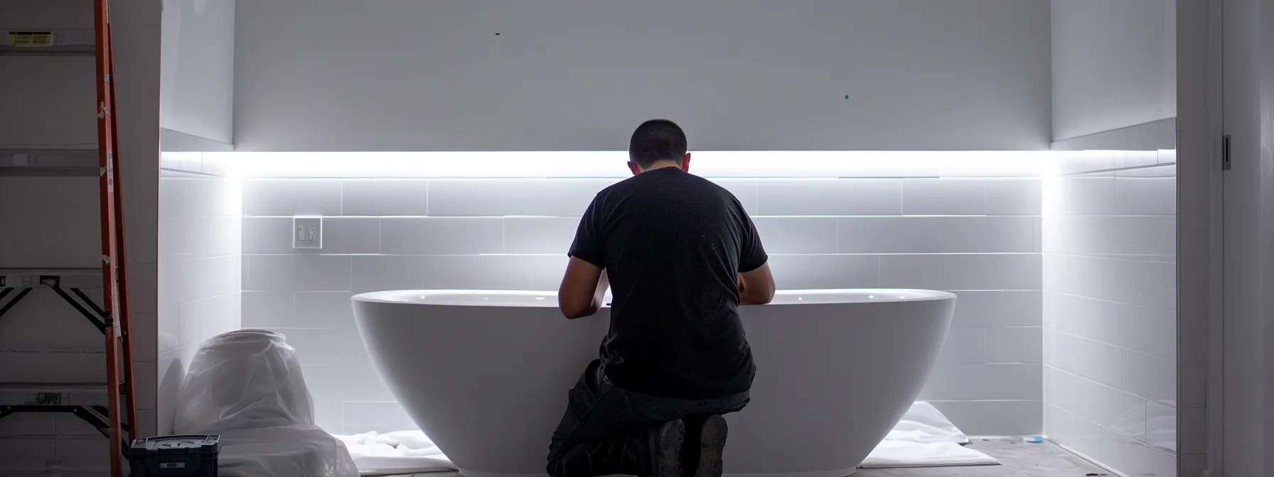 a bathroom resurfacing expert carefully examining the condition of a bathtub before starting the project.