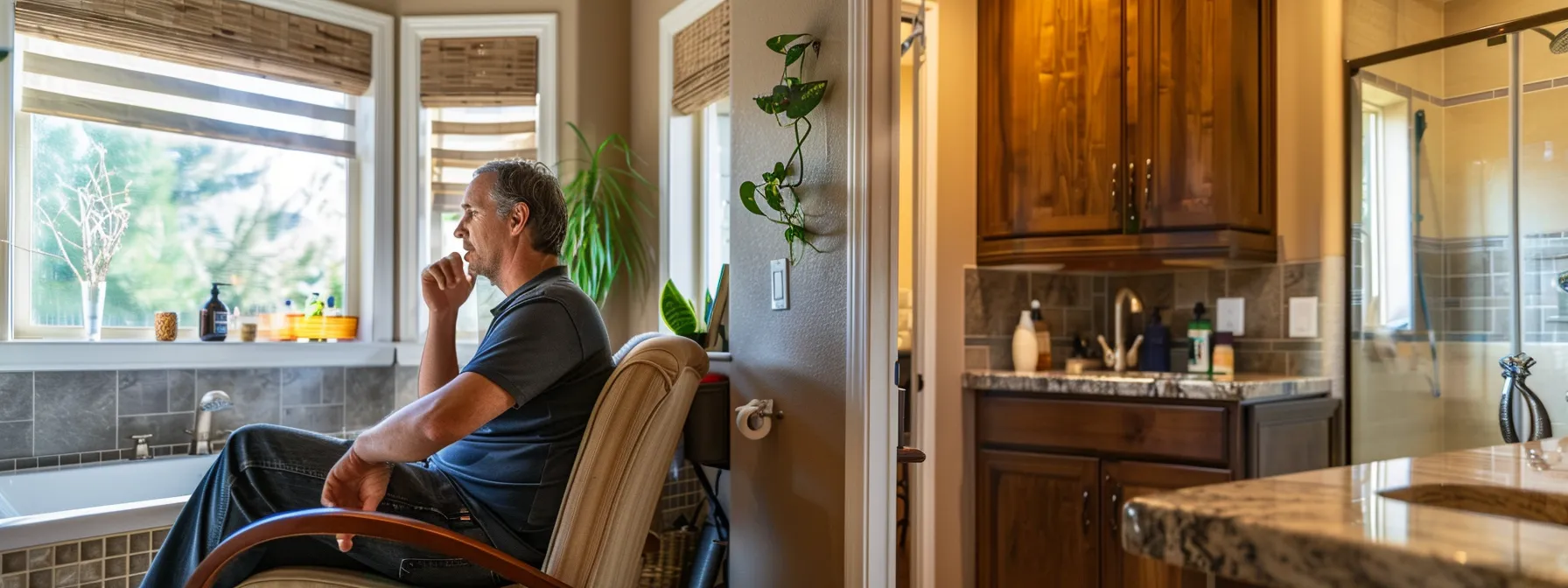 a homeowner on a phone call with a bathroom remodeling contractor, discussing licenses and previous experiences.