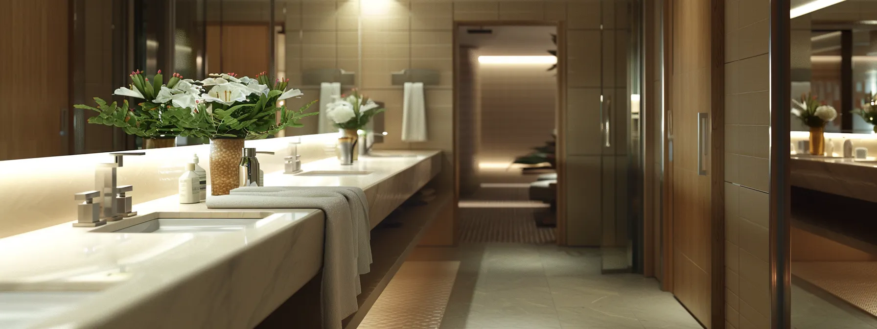 a bathroom with soft tones of dove, winter wheat, and berry accents, complemented by metal fixtures and quartz surfaces.