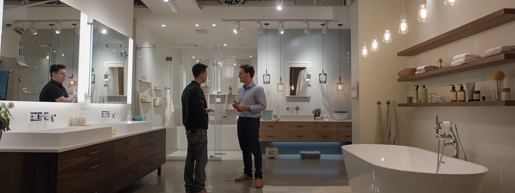 a bathroom remodeler discussing design options with a client in a well-lit bathroom showroom.